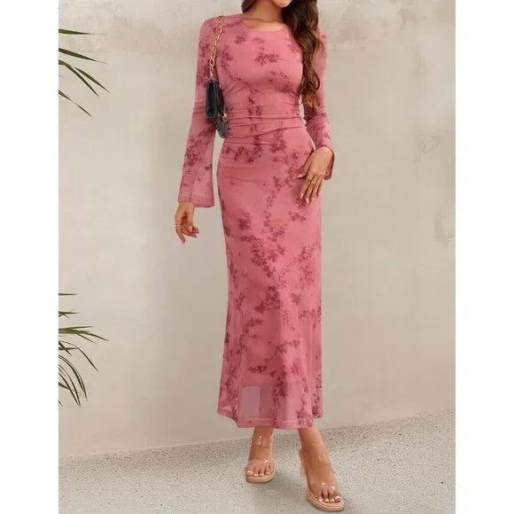 Zesica Women's Tie Dye Pink Ruched Mesh Long Sleeve Floral Bodycon Dress - Picture 3 of 6